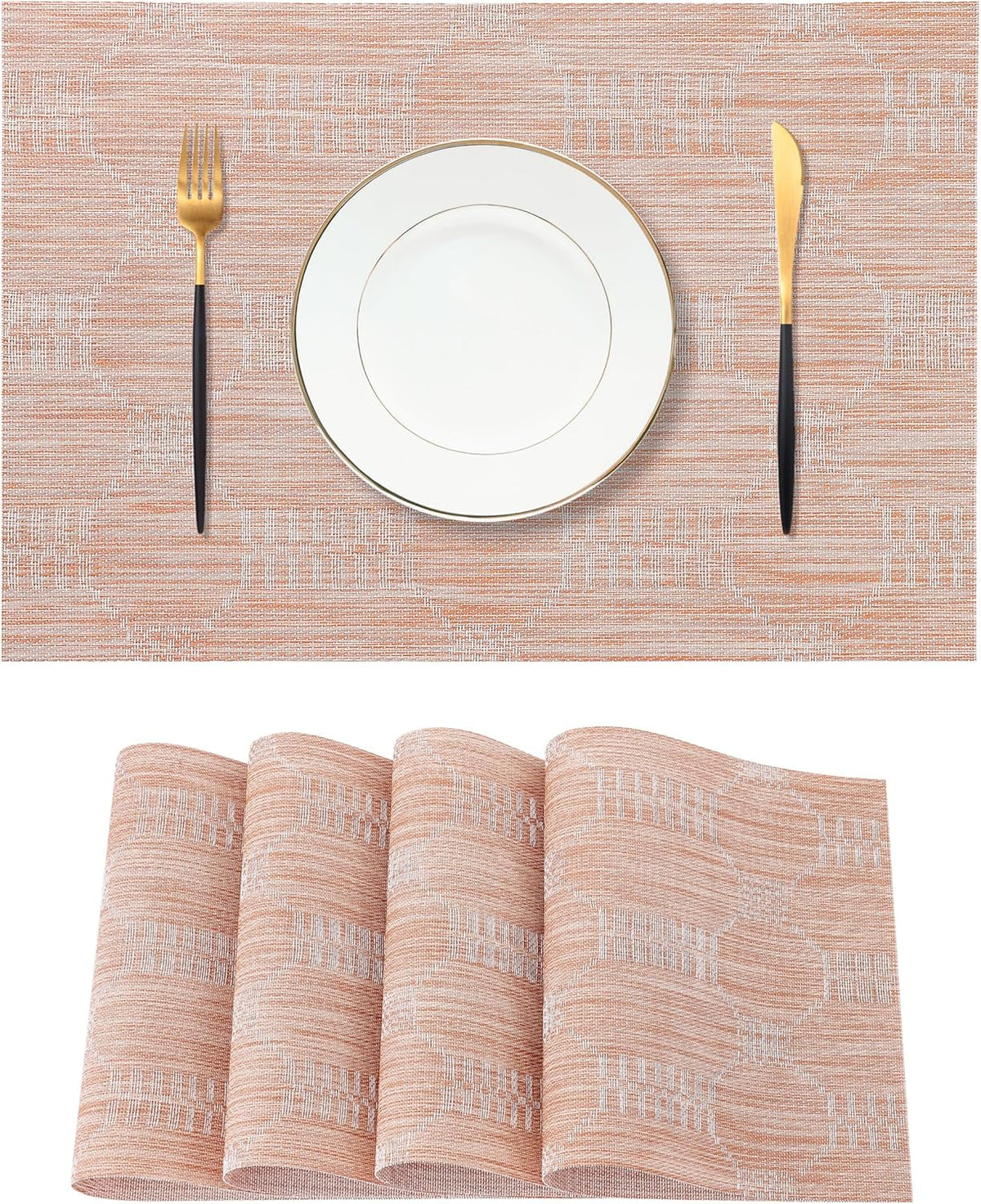 Leetaltree Coral Placemats Set of 4 - Heat Resistant Non-Slip Place mats for Dining Table, Washable Durable PVC Vinyl Woven Table Mats（Coral, 4）
