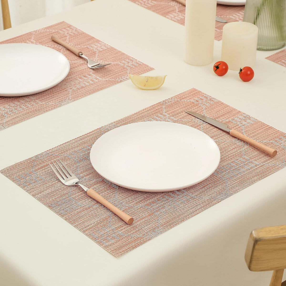 Leetaltree Coral Placemats Set of 4 - Heat Resistant Non-Slip Place mats for Dining Table, Washable Durable PVC Vinyl Woven Table Mats（Coral, 4）