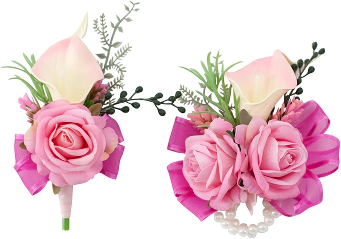 Soft Rose Pink Corsage and Boutonniere Set for Wedding Prom
