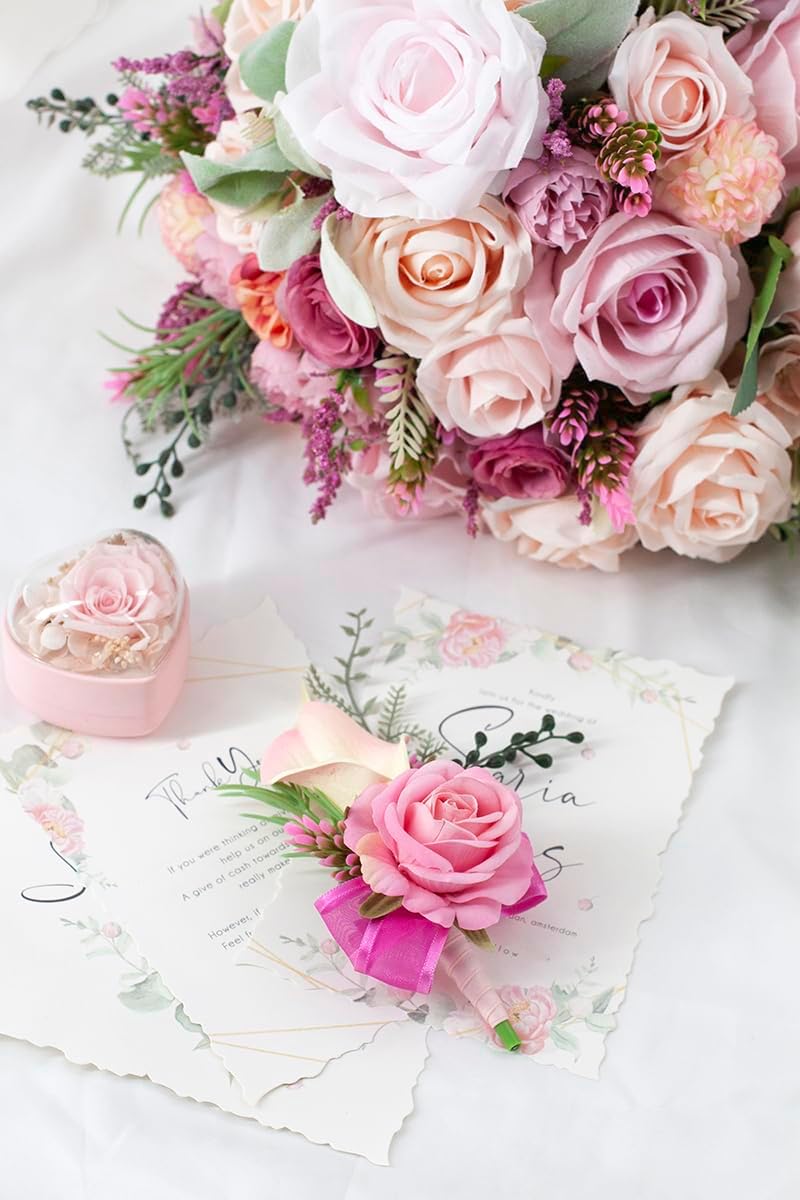 Soft Rose Pink Corsage and Boutonniere Set for Wedding Prom