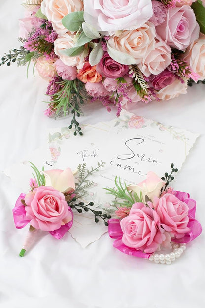 Soft Rose Pink Corsage and Boutonniere Set for Wedding Prom