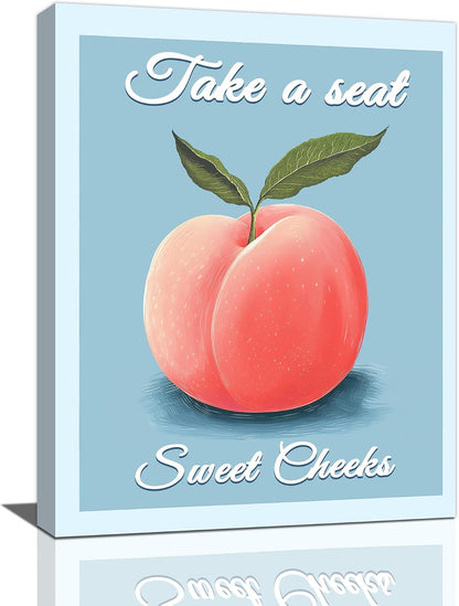 Peach Bathroom Wall Art Funny Peach Decor Blue Bathroom Canvas Print Fruit Painting Modern Artwork Home Decorations for Bathroom Bedroom Framed 12"x16"
