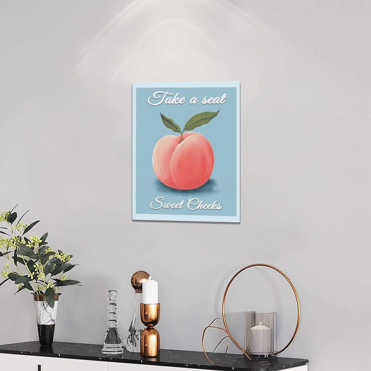 Peach Bathroom Wall Art Funny Peach Decor Blue Bathroom Canvas Print Fruit Painting Modern Artwork Home Decorations for Bathroom Bedroom Framed 12"x16"