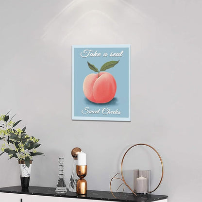 Peach Bathroom Wall Art Funny Peach Decor Blue Bathroom Canvas Print Fruit Painting Modern Artwork Home Decorations for Bathroom Bedroom Framed 12"x16"