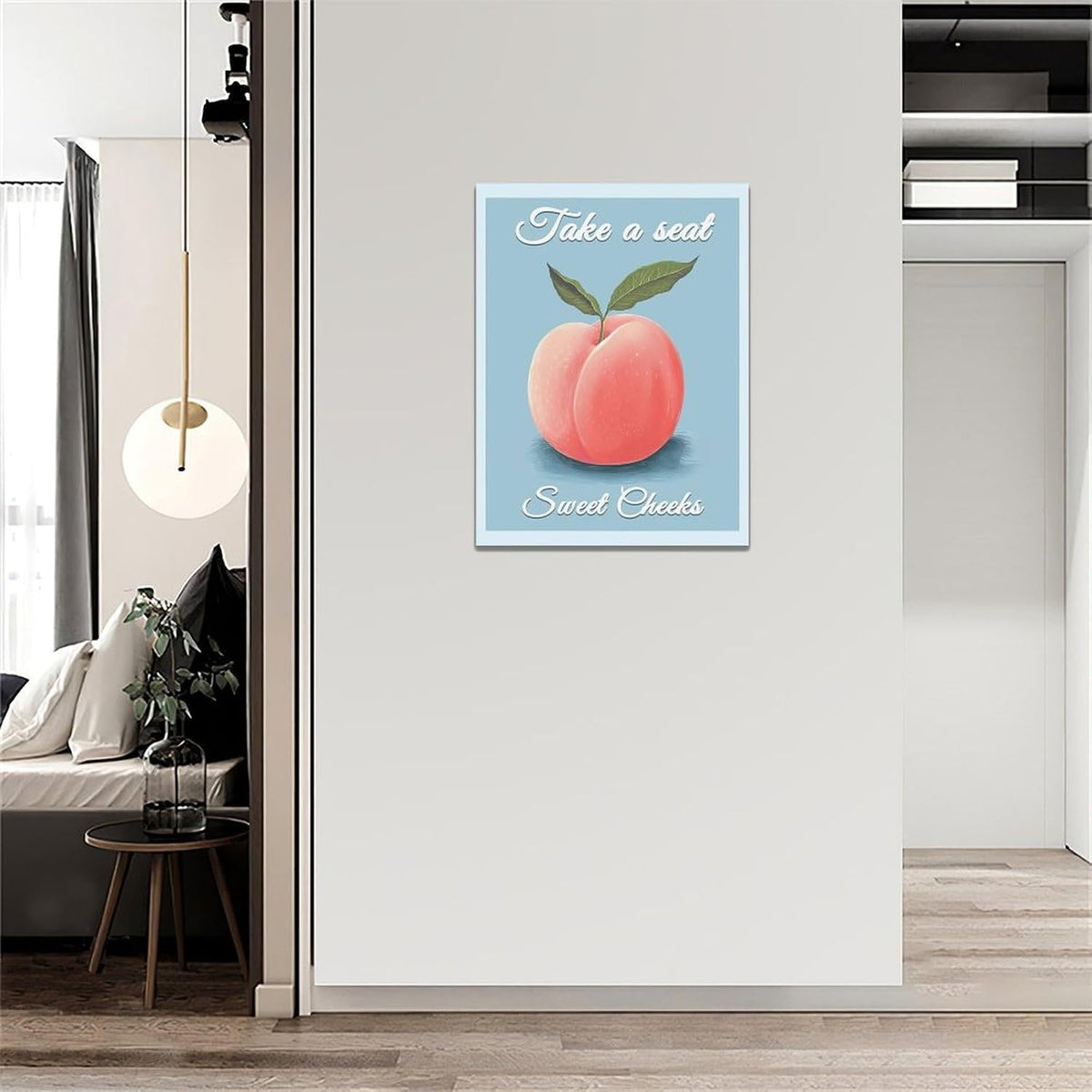 Peach Bathroom Wall Art Funny Peach Decor Blue Bathroom Canvas Print Fruit Painting Modern Artwork Home Decorations for Bathroom Bedroom Framed 12"x16"