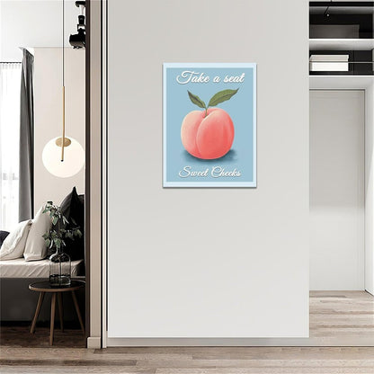 Peach Bathroom Wall Art Funny Peach Decor Blue Bathroom Canvas Print Fruit Painting Modern Artwork Home Decorations for Bathroom Bedroom Framed 12"x16"