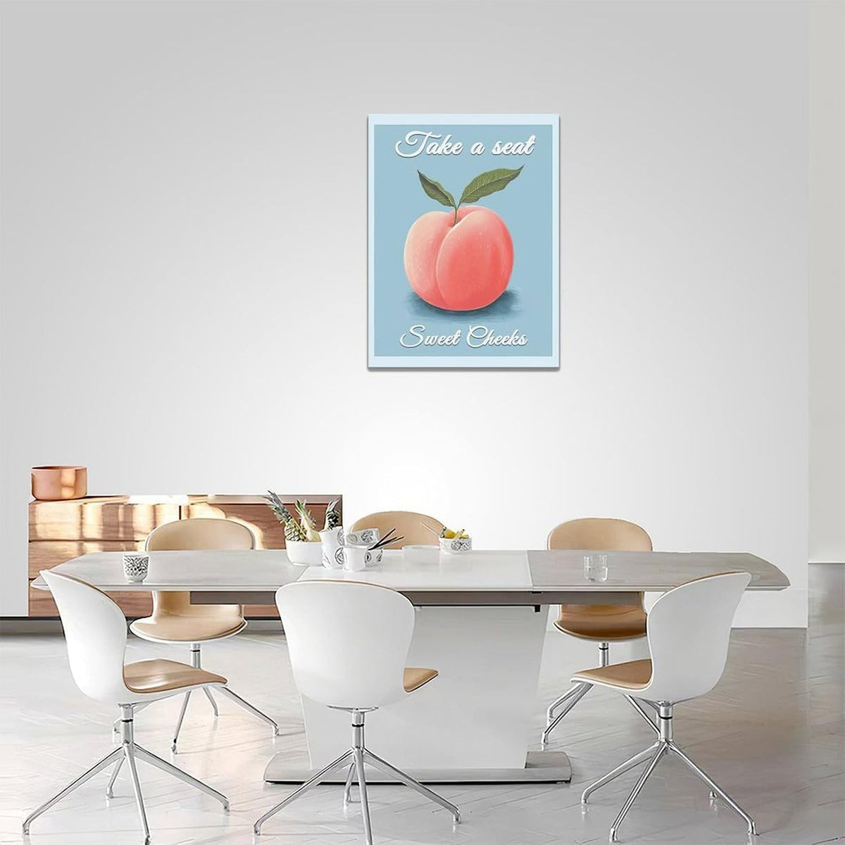 Peach Bathroom Wall Art Funny Peach Decor Blue Bathroom Canvas Print Fruit Painting Modern Artwork Home Decorations for Bathroom Bedroom Framed 12"x16"