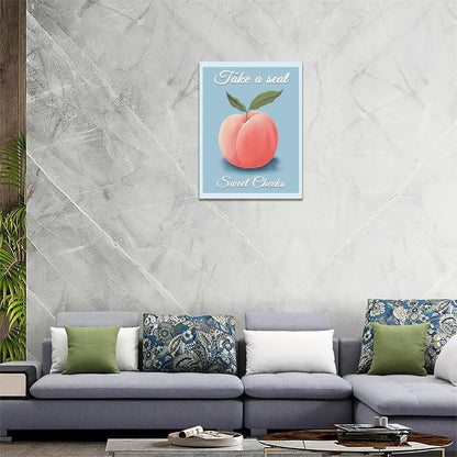 Peach Bathroom Wall Art Funny Peach Decor Blue Bathroom Canvas Print Fruit Painting Modern Artwork Home Decorations for Bathroom Bedroom Framed 12"x16"