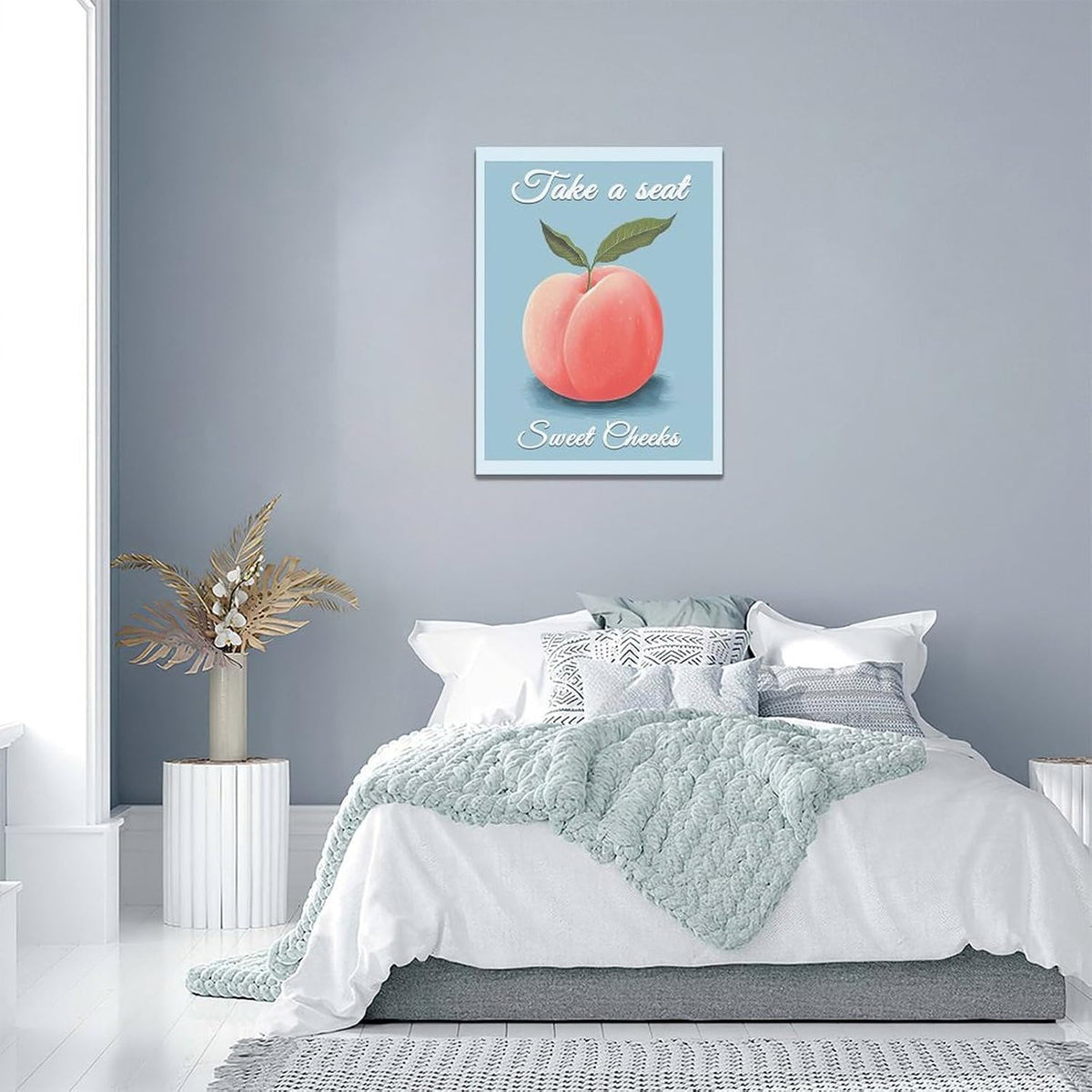 Peach Bathroom Wall Art Funny Peach Decor Blue Bathroom Canvas Print Fruit Painting Modern Artwork Home Decorations for Bathroom Bedroom Framed 12"x16"