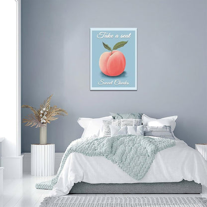 Peach Bathroom Wall Art Funny Peach Decor Blue Bathroom Canvas Print Fruit Painting Modern Artwork Home Decorations for Bathroom Bedroom Framed 12"x16"