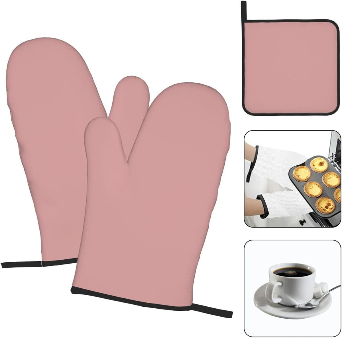 3 Pieces Oven Mitt and Pot Holder Sets, Dusty Rose Pink Modern Oven Mitts Set Heat Resistant Baking Gloves Kitchen Microwave for Cooking, BBQ