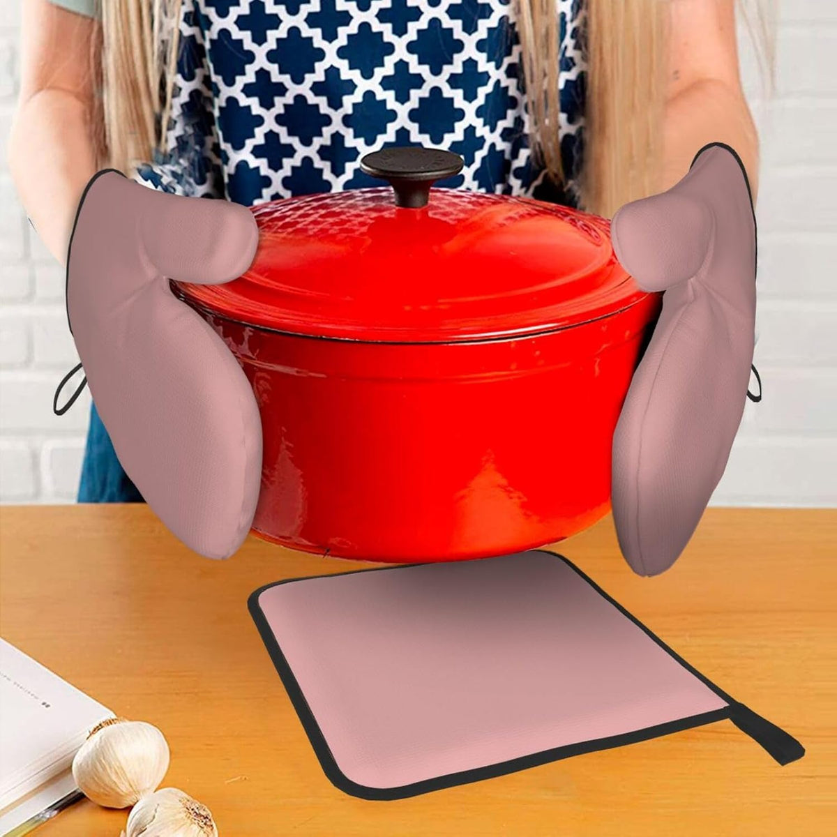 3 Pieces Oven Mitt and Pot Holder Sets, Dusty Rose Pink Modern Oven Mitts Set Heat Resistant Baking Gloves Kitchen Microwave for Cooking, BBQ