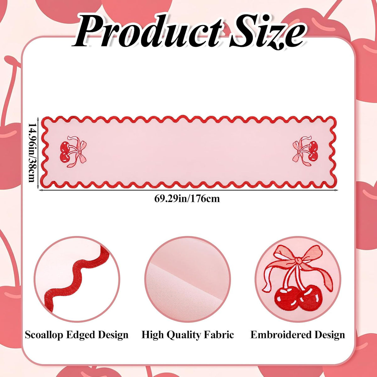 Pink Bow Cherry Table Runner 70 Inches, Coquette Scalloped Edge