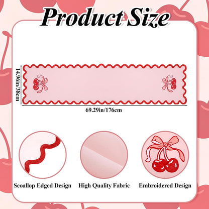 Pink Bow Cherry Table Runner 70 Inches, Coquette Scalloped Edge