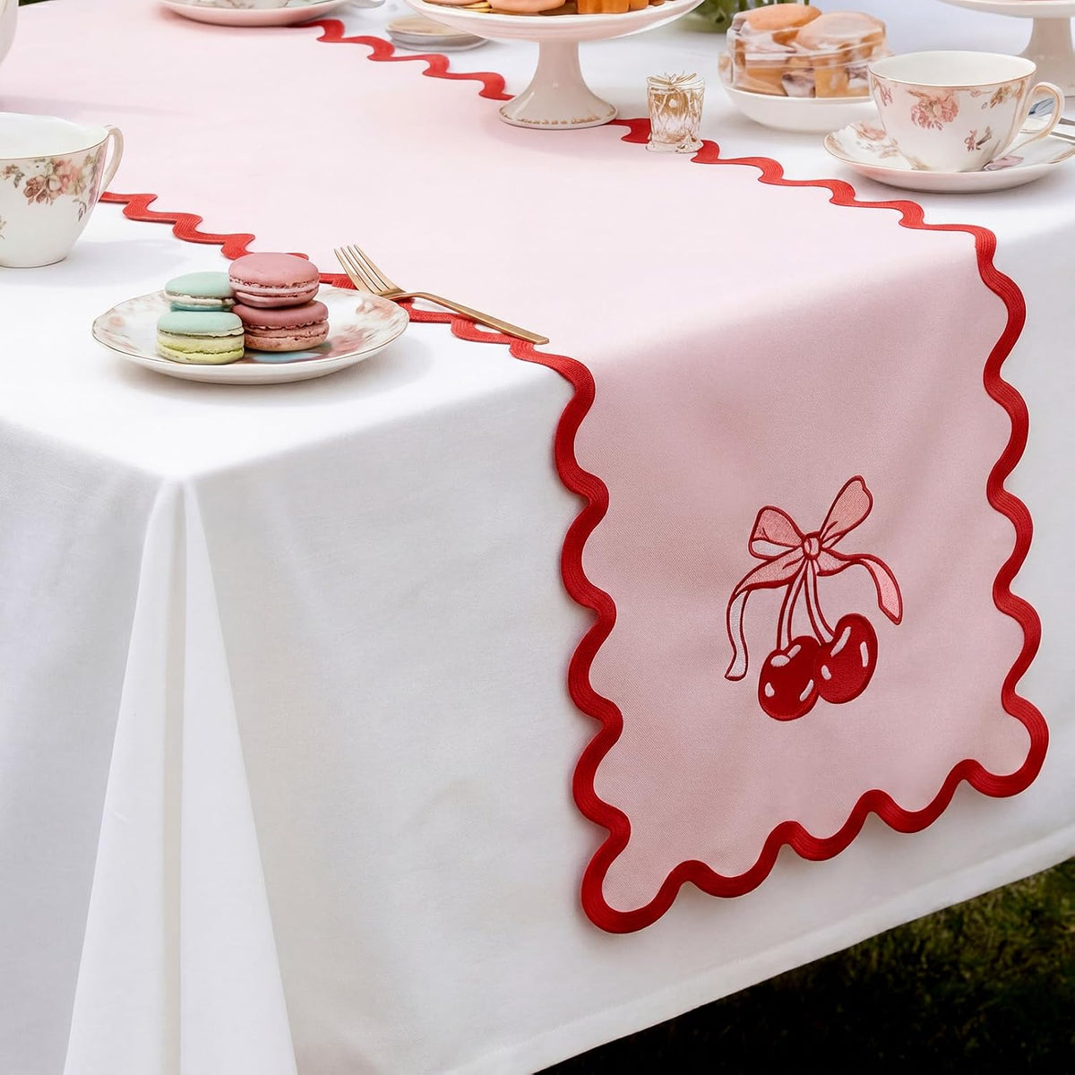 Pink Bow Cherry Table Runner 70 Inches, Coquette Scalloped Edge