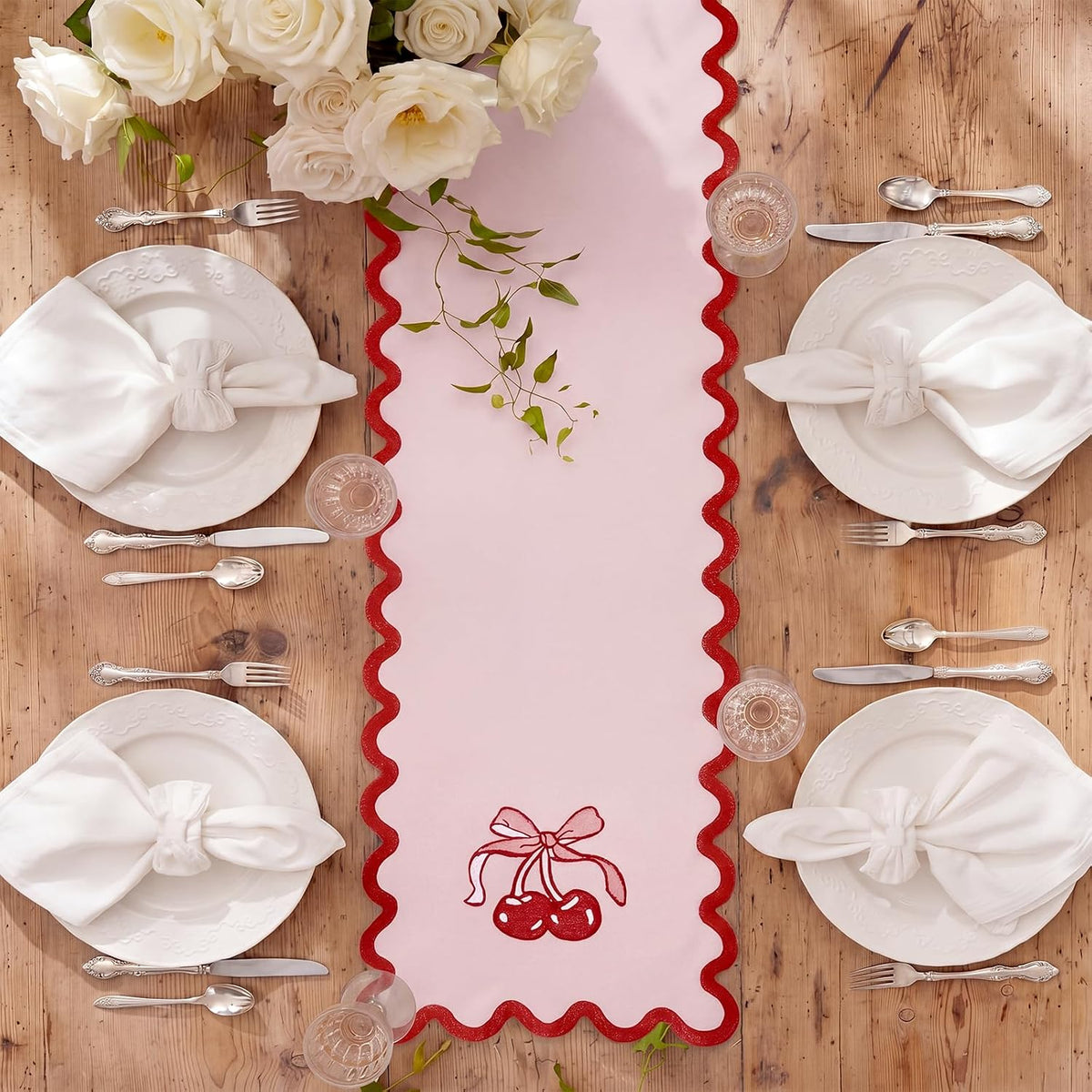 Pink Bow Cherry Table Runner 70 Inches, Coquette Scalloped Edge