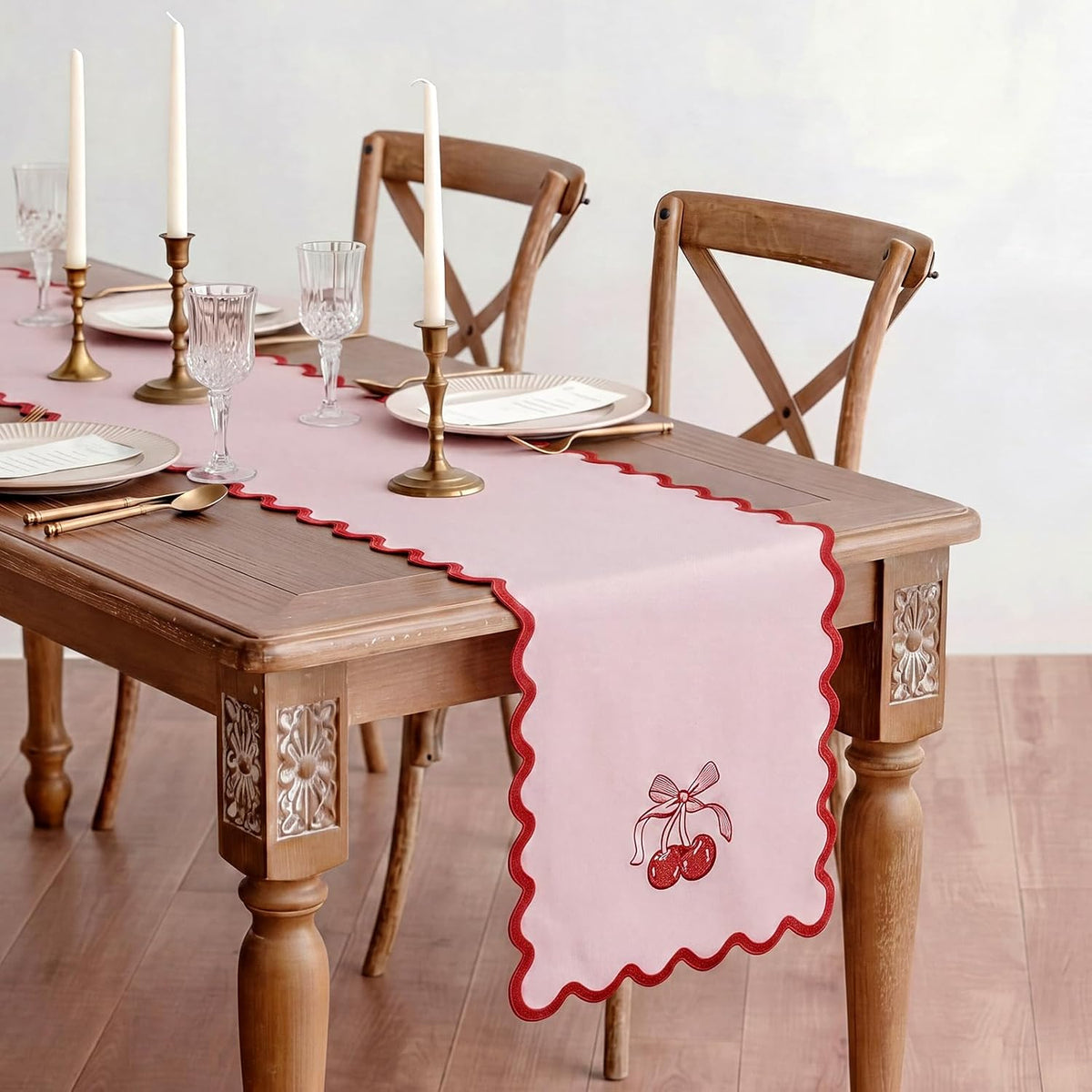 Pink Bow Cherry Table Runner 70 Inches, Coquette Scalloped Edge