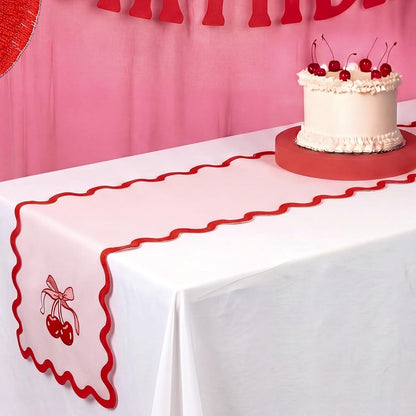 Pink Bow Cherry Table Runner 70 Inches, Coquette Scalloped Edge