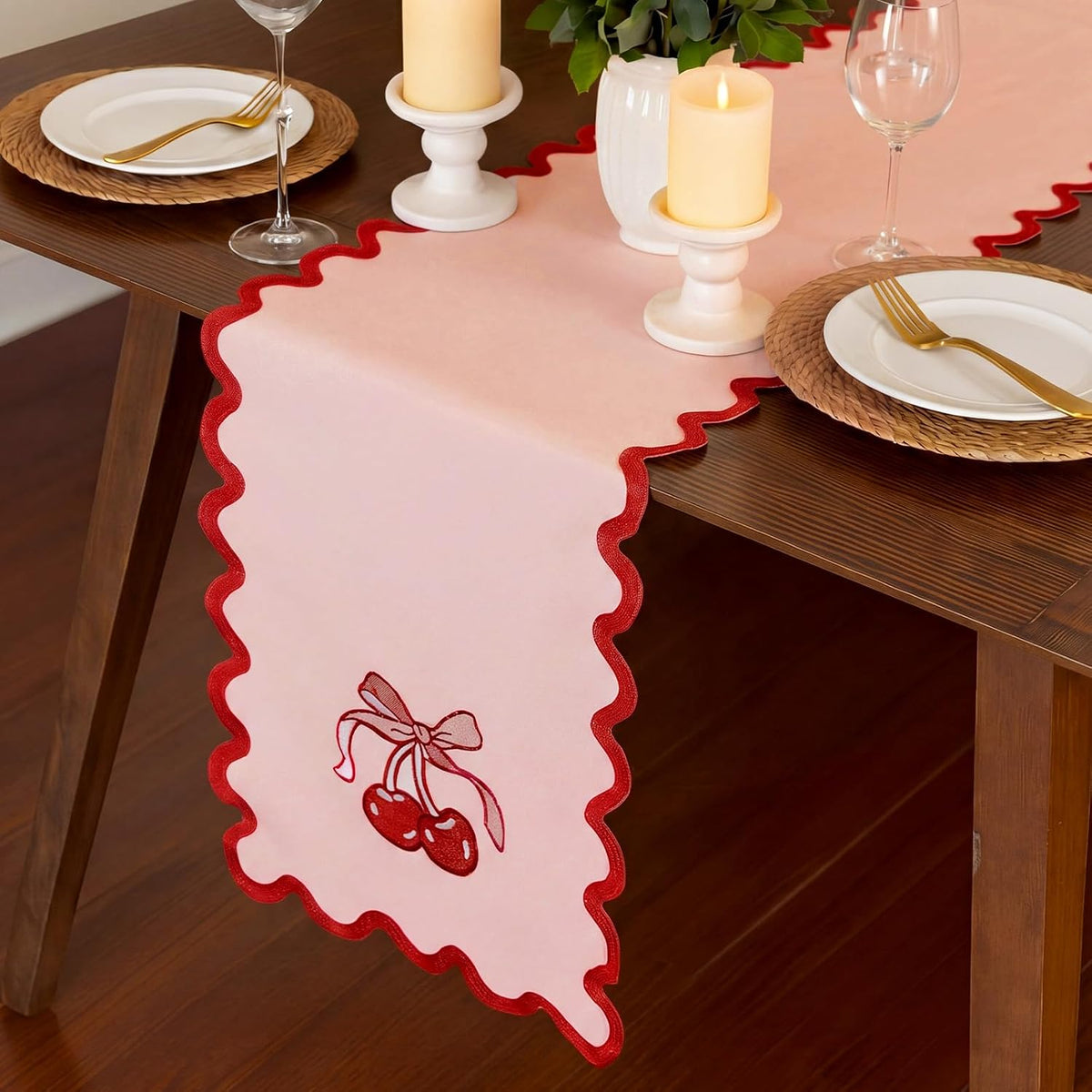 Pink Bow Cherry Table Runner 70 Inches, Coquette Scalloped Edge