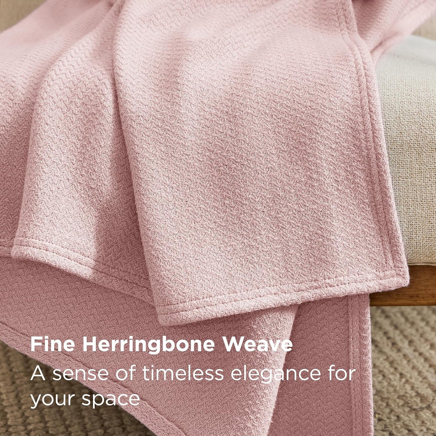 Bedsure GentleSoft 100% Cotton Blanket Queen Size for Bed - Breathable and Lightweight, Soft Cozy Textured Herringbone Woven Blanket for Summer Spring, Pink, 90x90 inches
