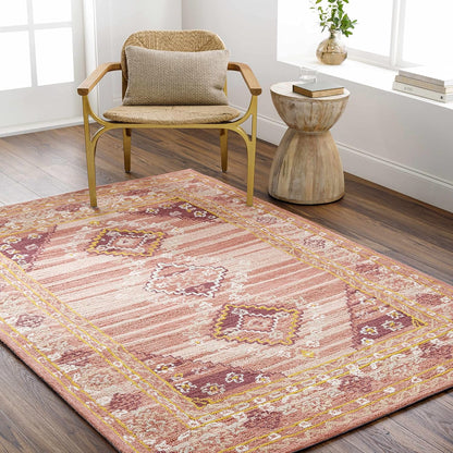 Hauteloom Zeno Wool Living Room, Bedroom Area Rug - Medallion Border Diamond Geometric Striped - Traditional Oriental Tribal Boho Transitional - Dusty Coral, Garnet, Bronze, Peach, Pink - 2' x 3'