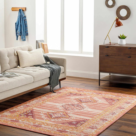 Hauteloom Zeno Wool Living Room, Bedroom Area Rug - Medallion Border Diamond Geometric Striped - Traditional Oriental Tribal Boho Transitional - Dusty Coral, Garnet, Bronze, Peach, Pink - 2' x 3'