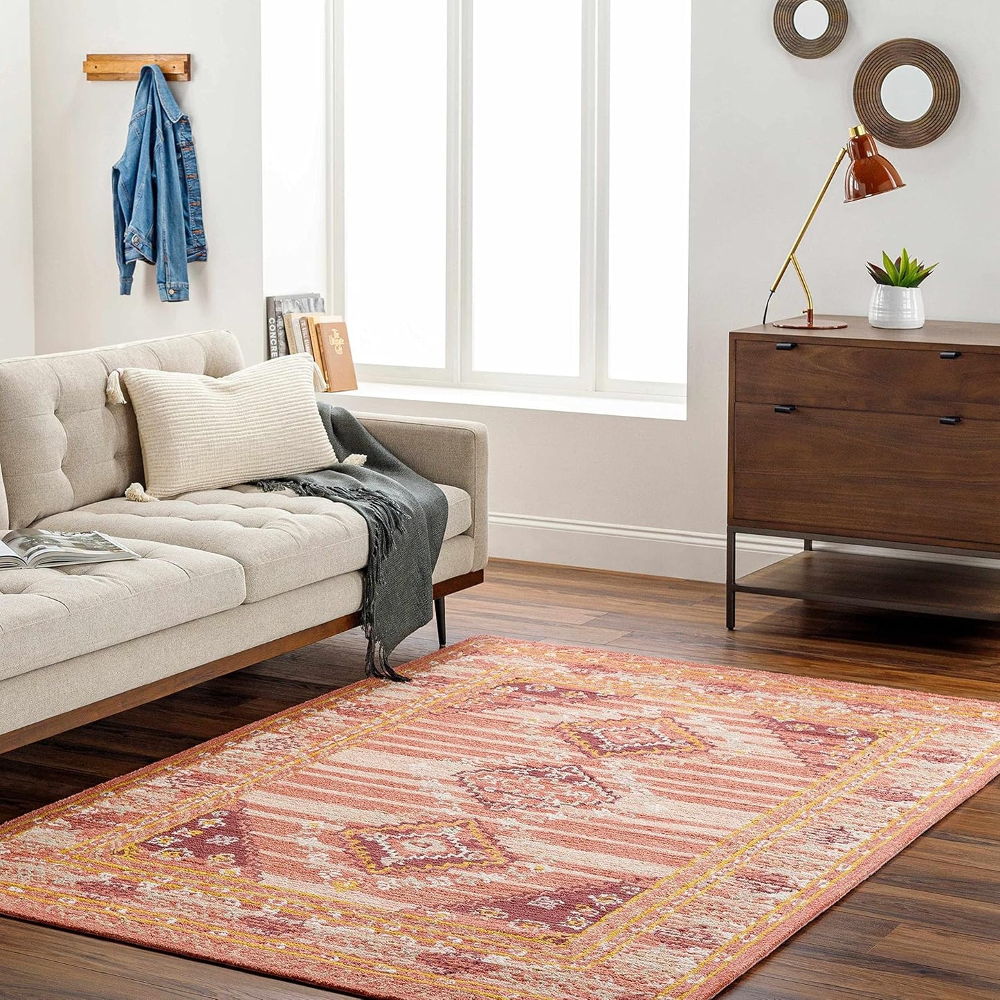 Hauteloom Zeno Wool Living Room, Bedroom Area Rug - Medallion Border Diamond Geometric Striped - Traditional Oriental Tribal Boho Transitional - Dusty Coral, Garnet, Bronze, Peach, Pink - 2' x 3'