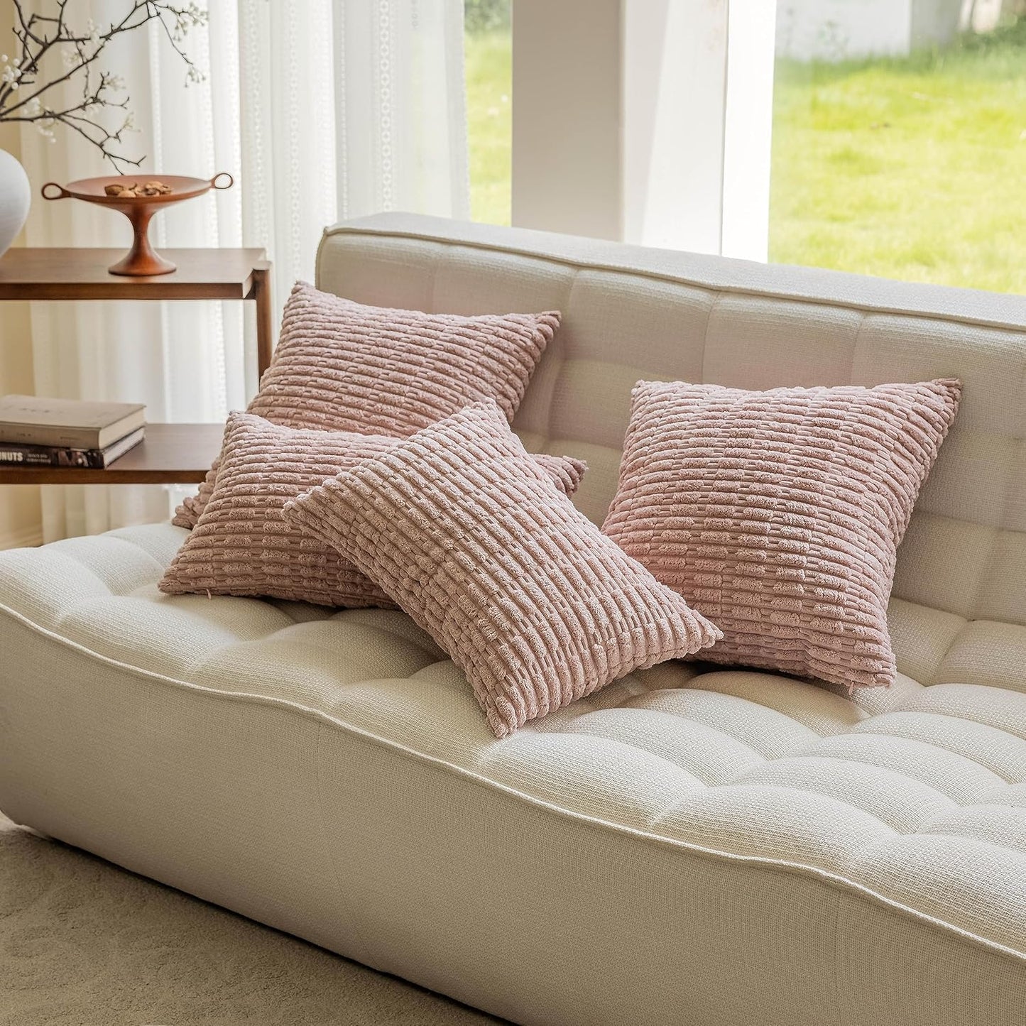 Home Brilliant 18x18 Pillow Covers Decorative Corduroy Stripe Plaided Throw Pillowcases Soft Pink Plush Cushion Covers for Holiday Wedding, Set of 2, 18 x 18 inch, Soft Pink