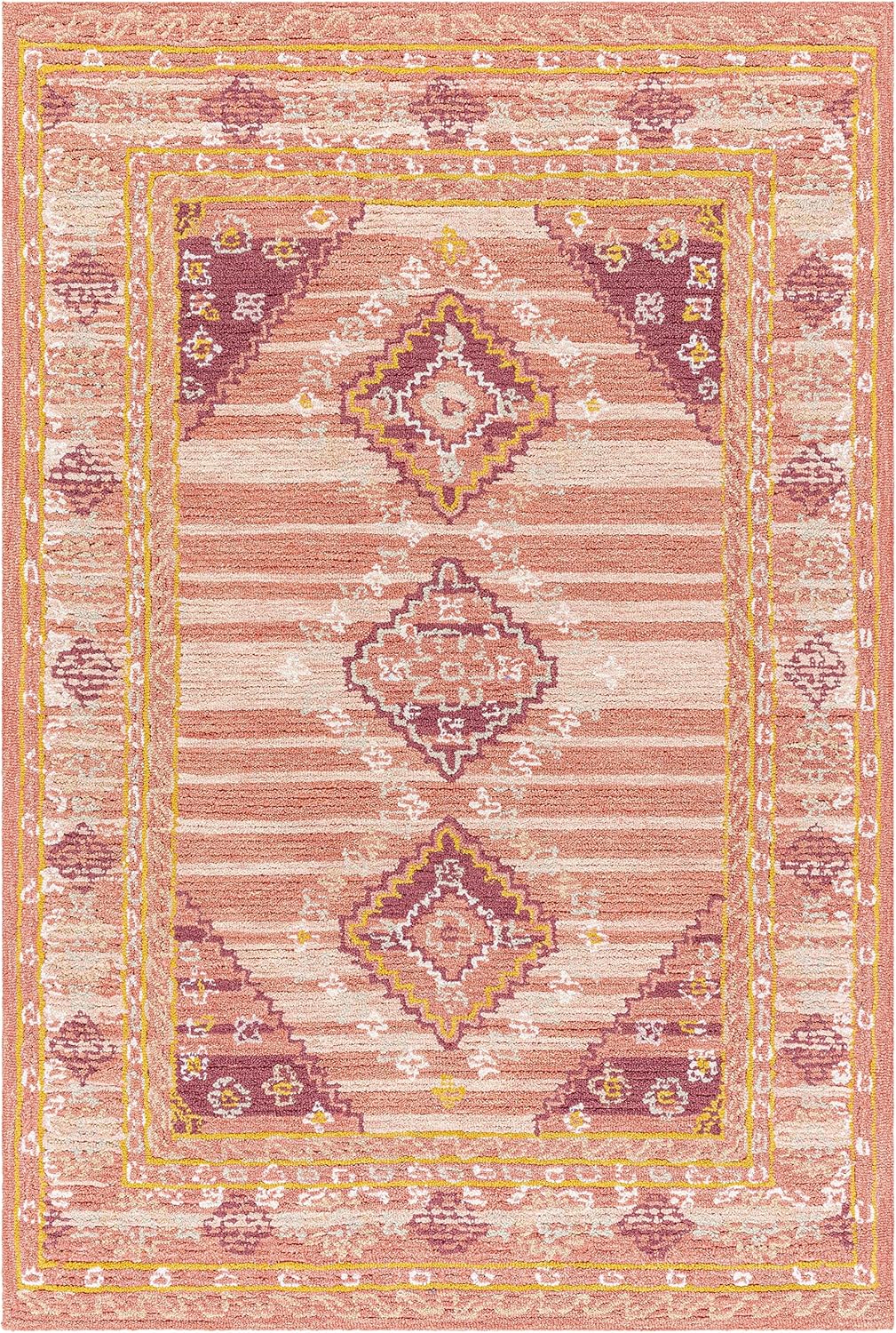 Hauteloom Zeno Wool Living Room, Bedroom Area Rug - Medallion Border Diamond Geometric Striped - Traditional Oriental Tribal Boho Transitional - Dusty Coral, Garnet, Bronze, Peach, Pink - 2' x 3'