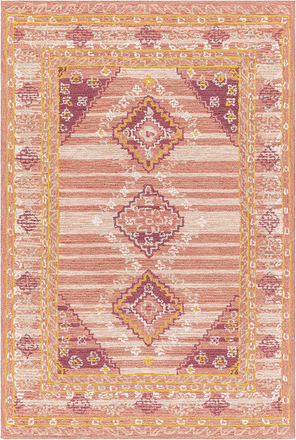 Hauteloom Zeno Wool Living Room, Bedroom Area Rug - Medallion Border Diamond Geometric Striped - Traditional Oriental Tribal Boho Transitional - Dusty Coral, Garnet, Bronze, Peach, Pink - 2' x 3'