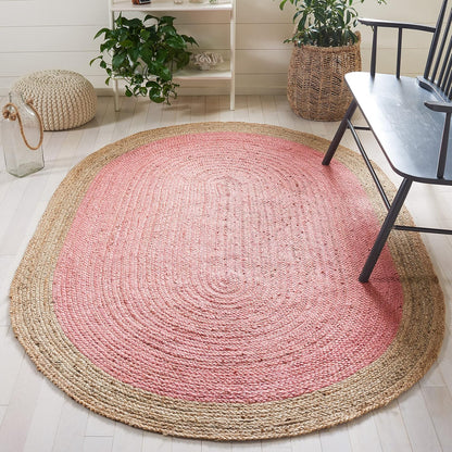 SAFAVIEH Area Rug 6x9 Oval - Natural Fiber Collection - Pink & Natural Brown, Handmade Jute, Braided Border Design (NF801P)