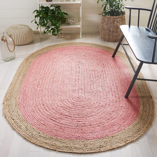 SAFAVIEH Area Rug 6x9 Oval - Natural Fiber Collection - Pink & Natural Brown, Handmade Jute, Braided Border Design (NF801P)