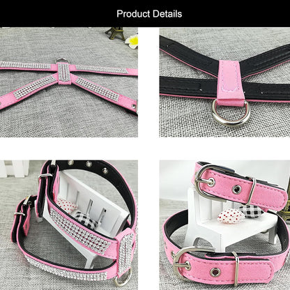 Fashion Puppy Harness with Diamantes and Lead Cute Girl Bling Dog Harness with Bling Leash for Small Dogs - Pink - M