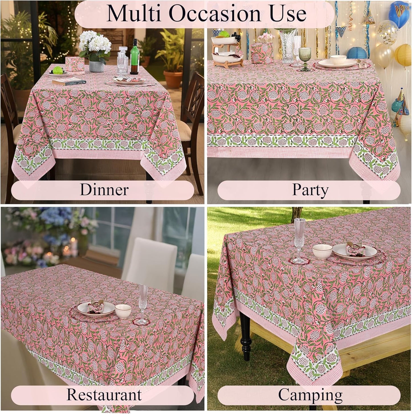 Ridhi Strawberry Pink Hand Block Print Cotton Rectangle Tablecloth 90" x 60" inches Reusable Table Cover Decorative Everyday Use for Dining Room, Farmhouse, Home Gift for Spring, Mother's Day