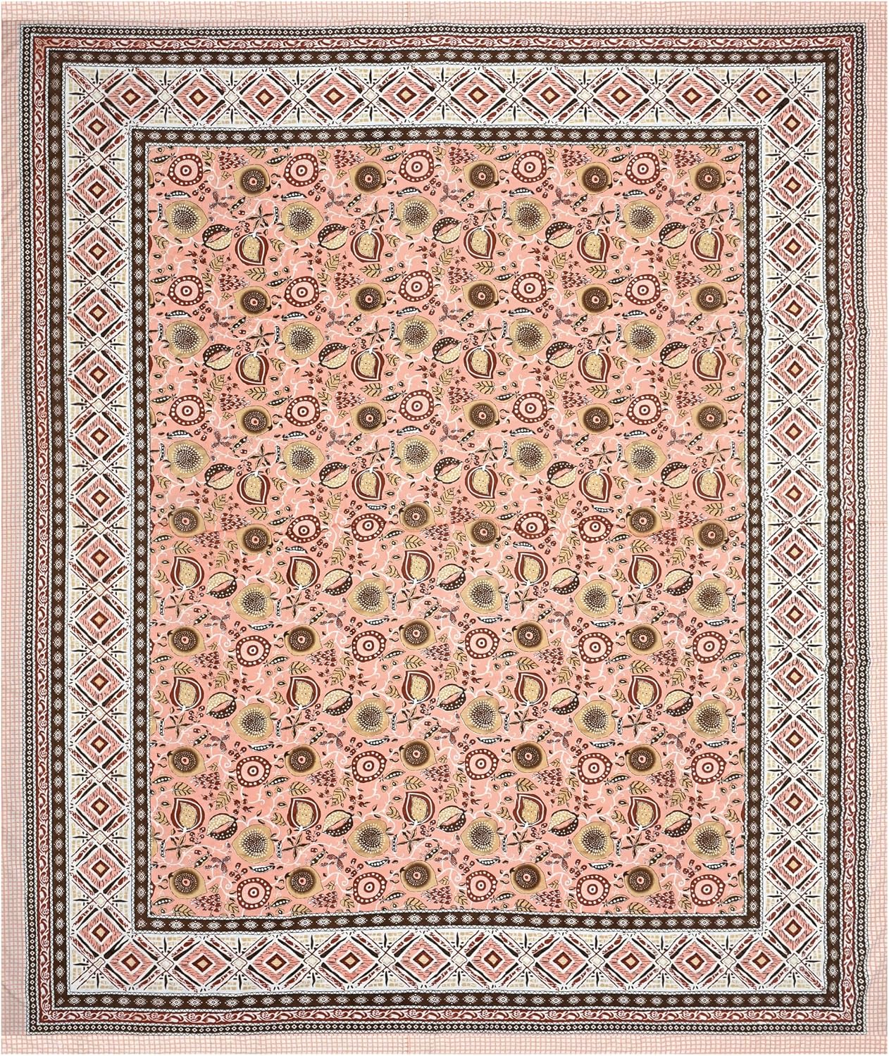 India 100% Pure Cotton Jaipuri Printed Double Bedsheet with 2 Pillow Covers | Traditional Sanganeri Floral Design | Soft Breathable Fabric | King Size Bedsheet (Peach Pink & Brown)