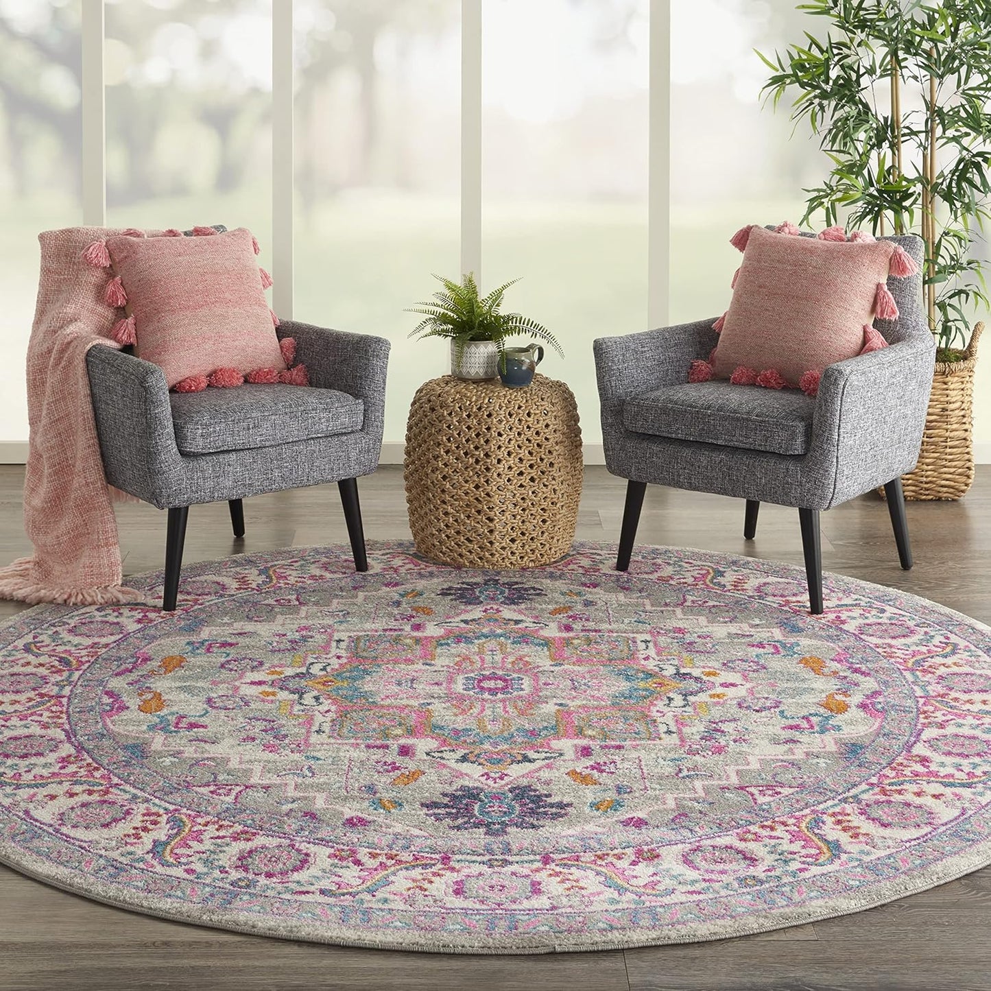 Nourison Home Passion Light Grey Pink 8' x Round Area Rug - Easy Clean, Non Shedding, Bed Room, Living Room, Dining Room, Kitchen (8' x Round)