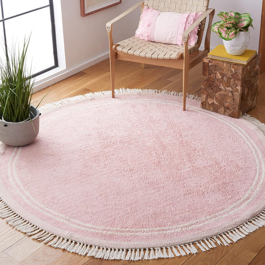 SAFAVIEH Washable Rug Easy Care Collection - 6' Round, Pink & Ivory, Handmade Cotton, Easy to Clean, Ideal for Living Room, Bedroom, Dining Space (ECR211U)