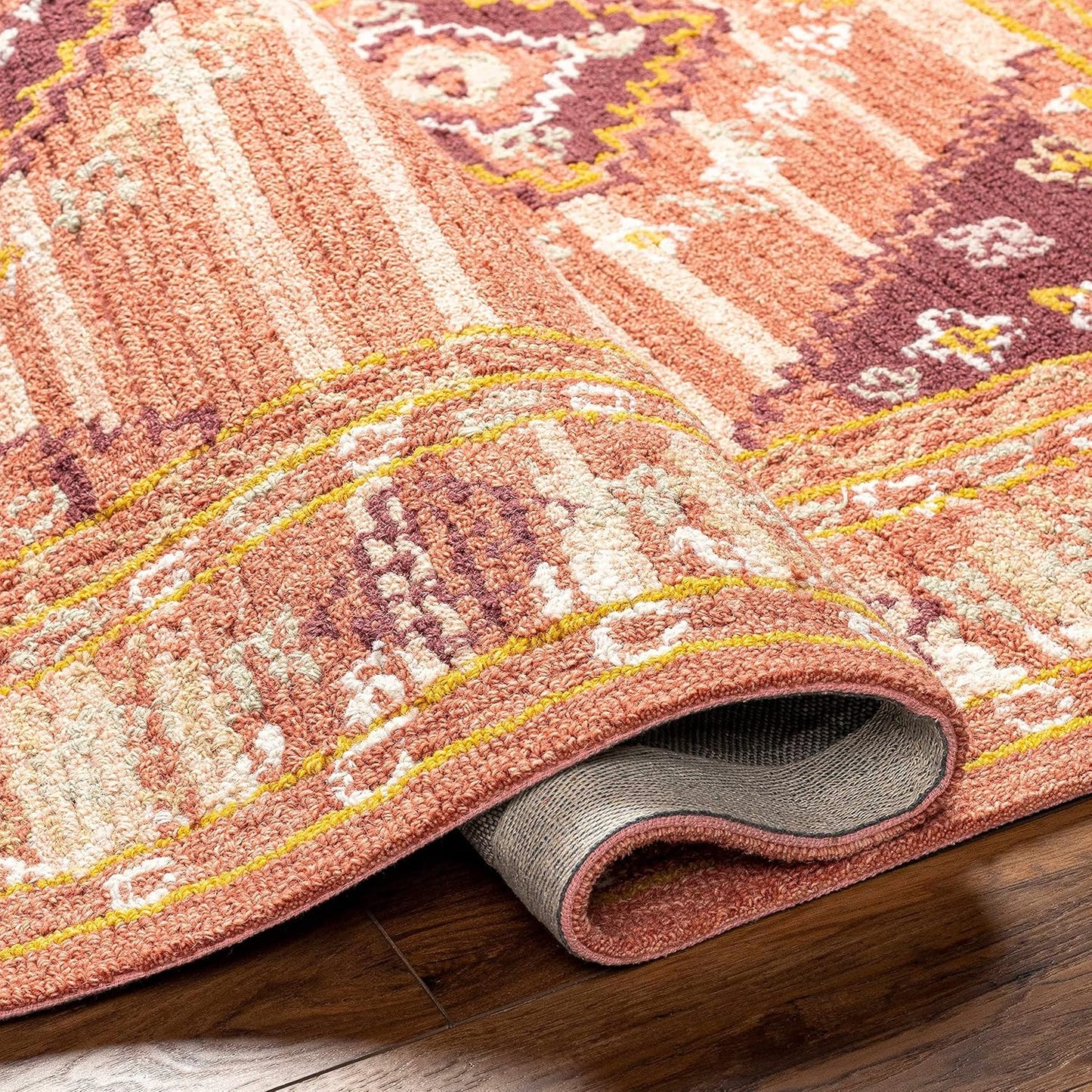 Hauteloom Zeno Wool Living Room, Bedroom Area Rug - Medallion Border Diamond Geometric Striped - Traditional Oriental Tribal Boho Transitional - Dusty Coral, Garnet, Bronze, Peach, Pink - 2' x 3'
