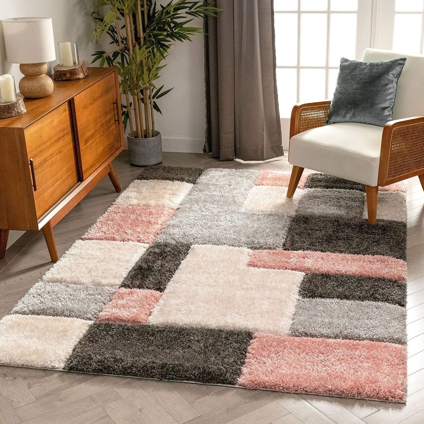 Well Woven San Francisco Escondido Blush Modern Geometric 3D Textured Thick and Soft Shag 5'3" x 7'3" Area Rug