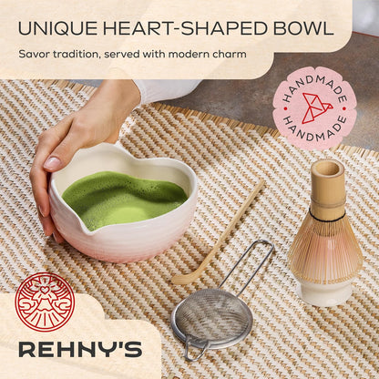 Rehny’s Matcha Whisk Set | Complete Pink Matcha Set w/Heart-Shaped Bowl, Bamboo Whisk, Holder, Stainless Steel Sifter, Bamboo Scoop | Cute Gift Present Macha Kit Handmade Bowl | Macha Powder Tea Kit