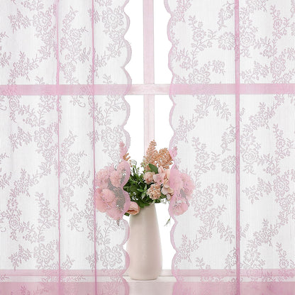 Pink Lace Sheer Curtains for Bedroom 55 x 54 Inch Farmhouse French Floral Rose Lace Curtain Panels Durable Flower Embeoidered Window Treatment Drapes for Living Room Bedroom Holiday, Set of 2