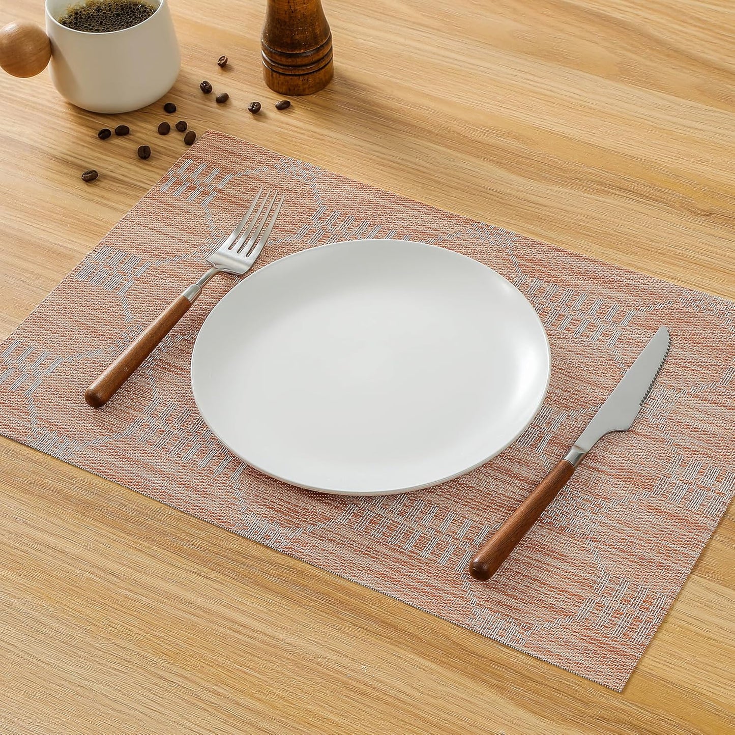 Leetaltree Coral Placemats Set of 4 - Heat Resistant Non-Slip Place mats for Dining Table, Washable Durable PVC Vinyl Woven Table Mats（Coral, 4）