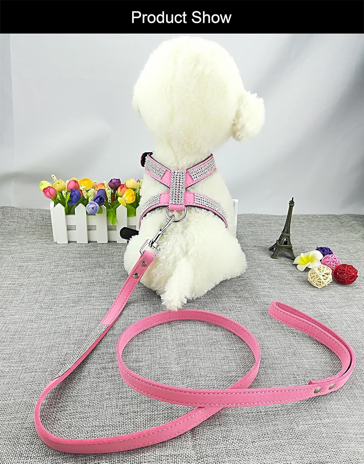 Fashion Puppy Harness with Diamantes and Lead Cute Girl Bling Dog Harness with Bling Leash for Small Dogs - Pink - M