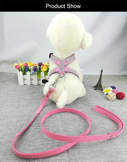 Fashion Puppy Harness with Diamantes and Lead Cute Girl Bling Dog Harness with Bling Leash for Small Dogs - Pink - M