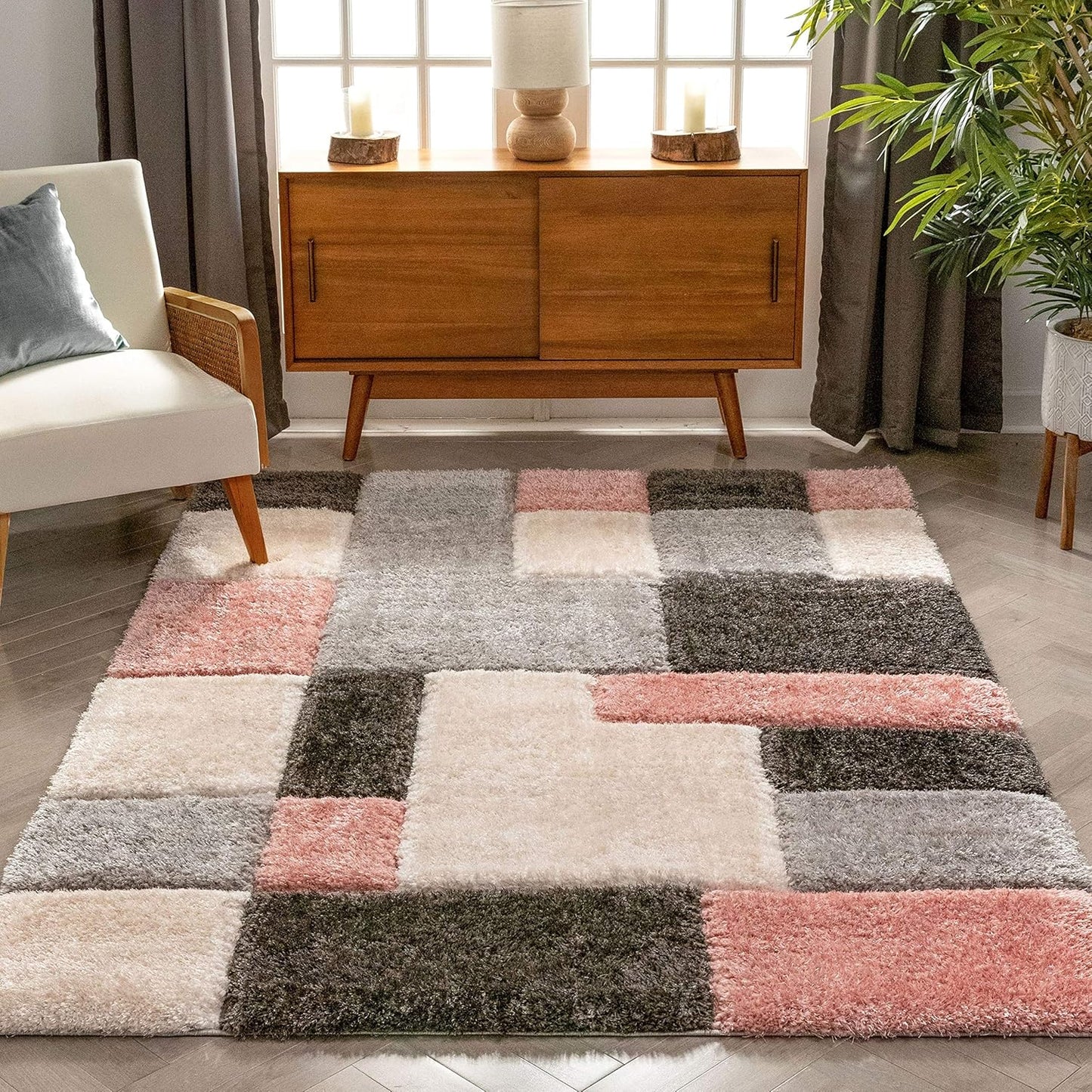 Well Woven San Francisco Escondido Blush Modern Geometric 3D Textured Thick and Soft Shag 5'3" x 7'3" Area Rug