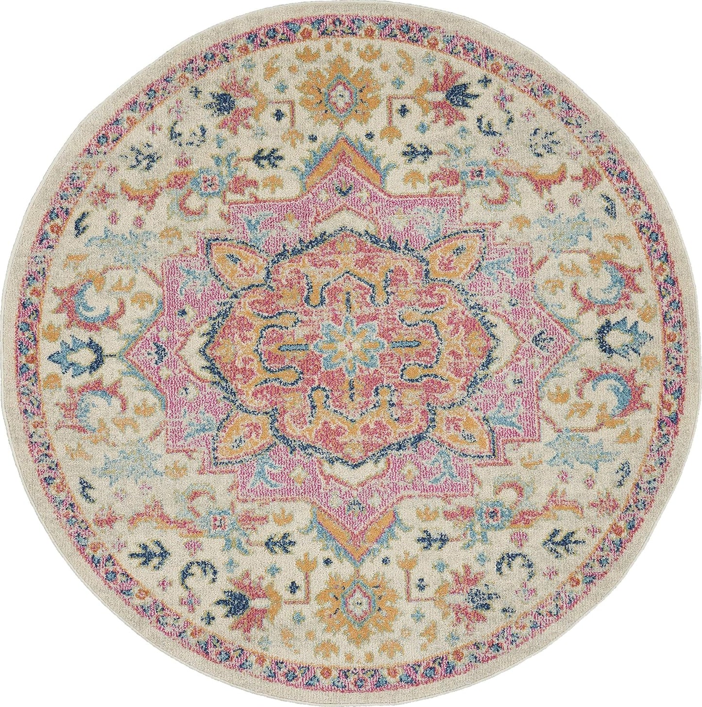 Nourison Home Passion Ivory Pink 4' x Round Area Rug - Easy Clean, Non Shedding, Bed Room, Living Room, Dining Room, Kitchen (4' x Round)