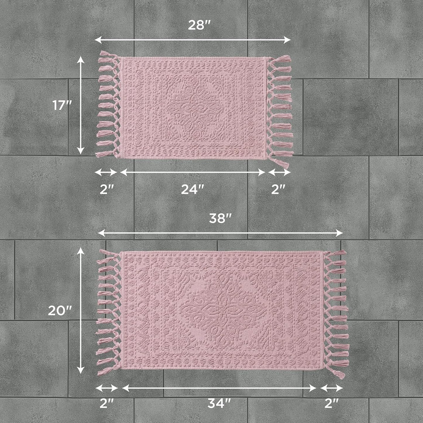 French Connection Nellore Bathroom Rugs, Set of 2 Woven and Beaded Bathroom Mats, Durable Bath Rugs, Thick Bath Mats for Bathroom and Shower Rugs, 17" x 28" and 20" x 38", Dusty Pink
