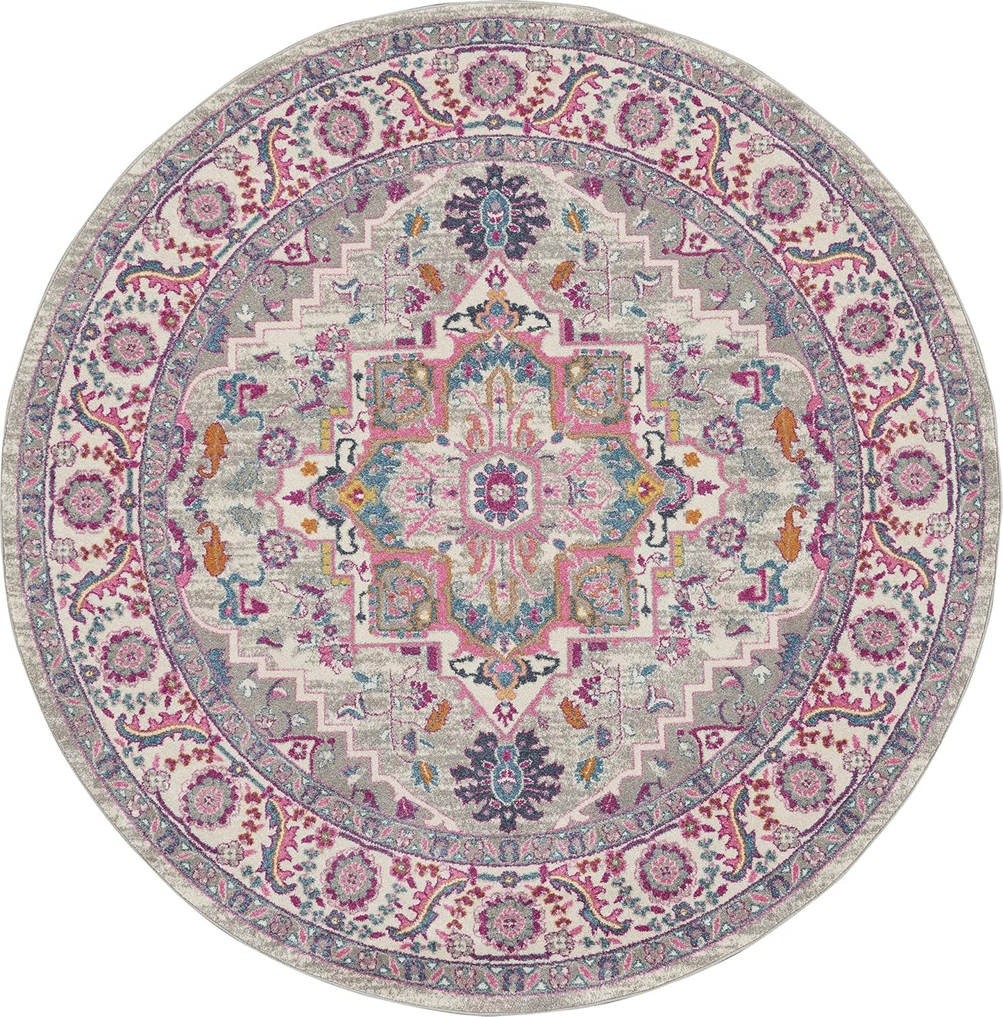Nourison Home Passion Light Grey Pink 8' x Round Area Rug - Easy Clean, Non Shedding, Bed Room, Living Room, Dining Room, Kitchen (8' x Round)