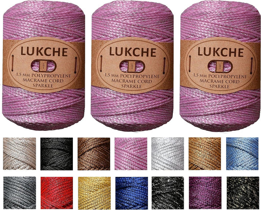 3 Skein 1.5mm (3x153 Yards) Premium Polyester Macrame Cord Sparkle, Colorful Rope, Yarn Crochet, Macrame Supplies for Bag Craft Wall Hangers, Bags, Bottom Plates, Carpets(3 Pink Silver)