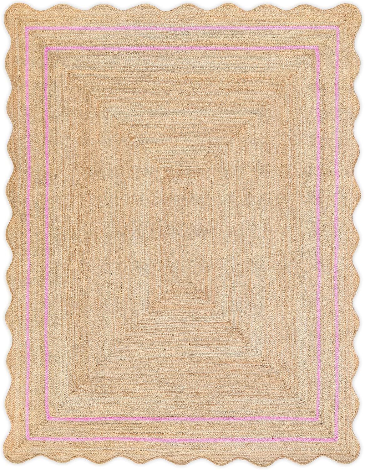 Wave Scalloped Natural Jute Rug - Boho Entryway Runner, Farmhouse Scallop, Light Pink (8'x10')